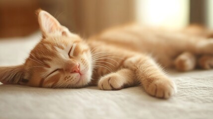 A charming red cat sleeps and smiles in his sleep.