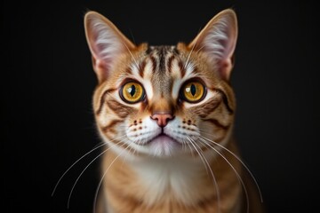 there is a cat that is looking at the camera with a black background