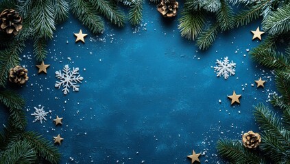 Festive Holiday Background with Snowflakes, Pine Cones, and Gold Stars on Vibrant Blue Surface for Christmas Celebrations and Seasonal Decor