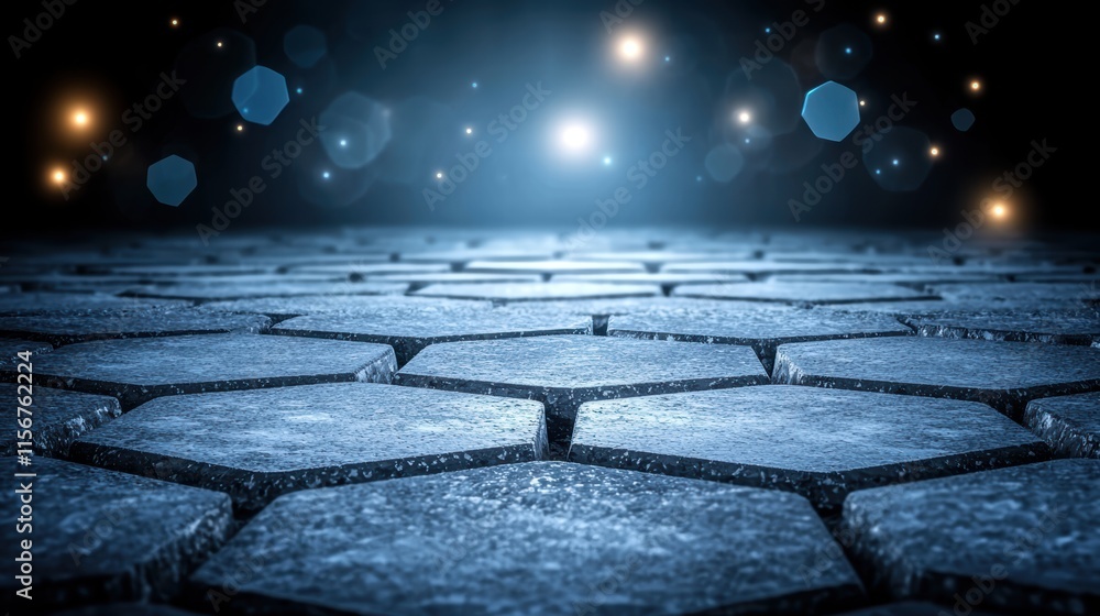 Poster stunning digital artwork featuring hexagonal patterns and shimmering lights