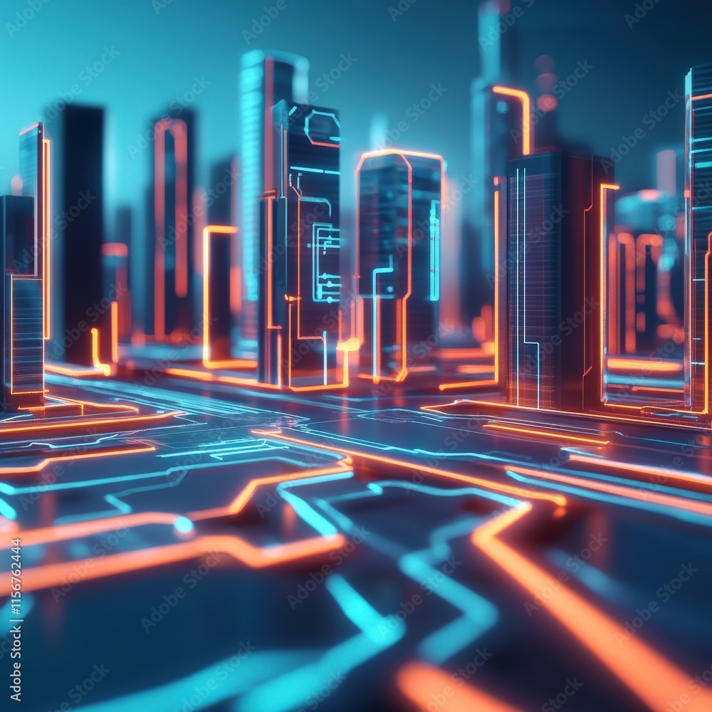 Poster futuristic cityscape with neon glow and circuit patterns showcasing a high-tech urban environment in