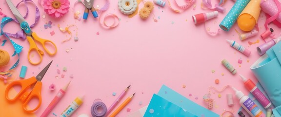Colorful Craft Supplies: A Festive Pink and Blue Arrangement