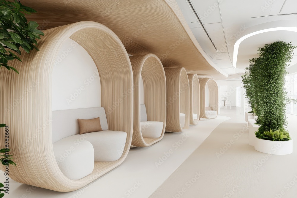 Poster modern workspace design featuring unique modular seating pods and lush greenery for collaborative an