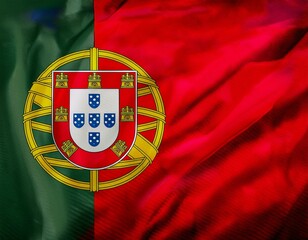 Portugal flag wavering in beautiful clouds with building skyline. The flag with drone shot in beautiful sky. Portugal national flag for independence day.