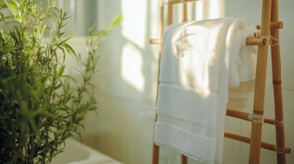 Soft White Bath Towel Drying on Bamboo Ladder in Sunlit Bathroom, Tranquil Morning Ambiance