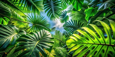 Worm's Eye View: Lush Tropical & Evergreen Plants - Monstera, Palm, Fern, Pine, Rubber Plant