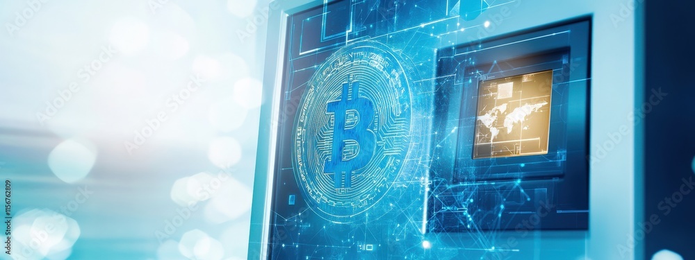 Poster futuristic bitcoin atm with a glowing cryptocurrency symbol and digital interface representing block