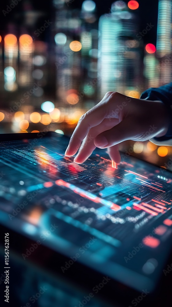 Aufkleber hand using futuristic tablet with data visualization. concept of technology, innovation, and future.
