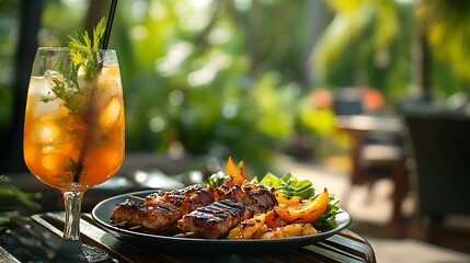 Delicious Grilled Skewers and Refreshing Drink Photo: Close-up View in Lush Outdoor Setting. AI Generated