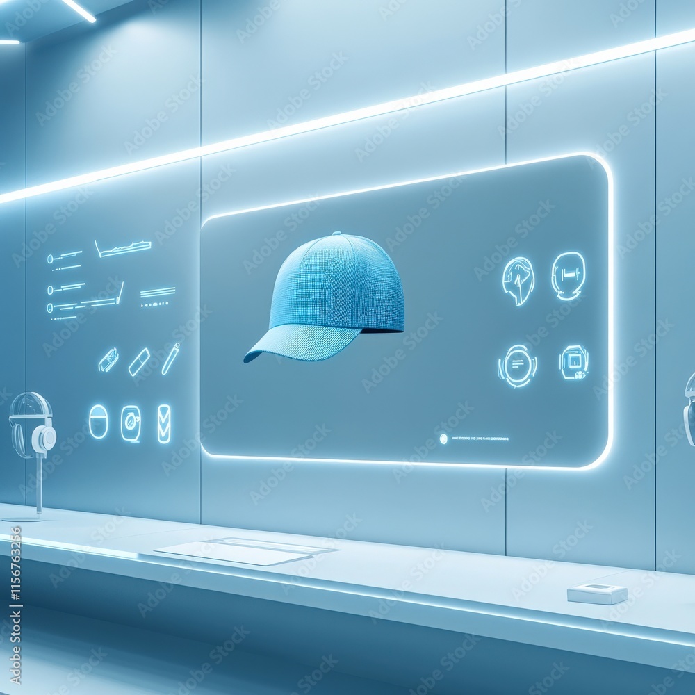 Poster high-tech display of a blue cap in a futuristic storefront featuring interactive digital screens and