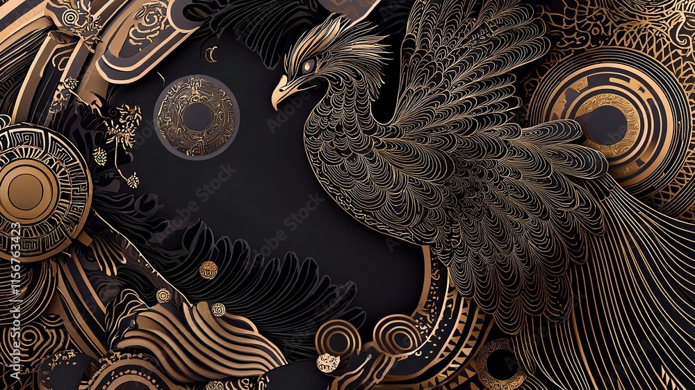 Poster mesmerizing glowing phoenix in shimmering golden hues featuring intricate linework and mythical eleg