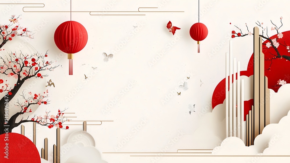 Poster elegant minimalist chinese new year graphic design with sharp rectangular red and gold lines and fut