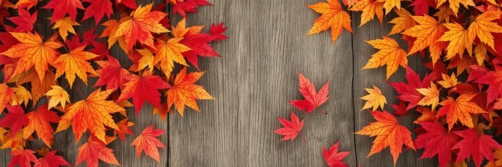 Obraz premium Vibrant autumn sugar maple leaves border rustic wood , picture,november,vintage