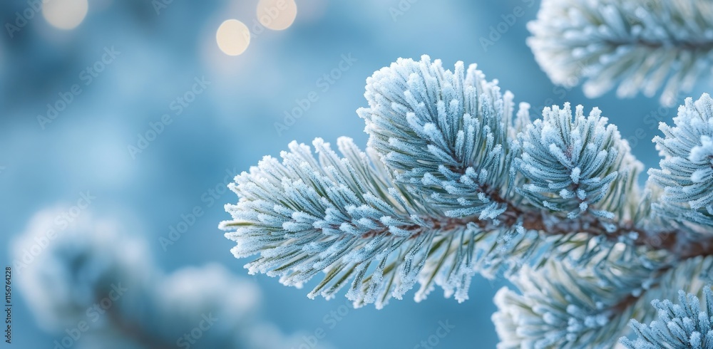 Aufkleber frost-covered pine branch against a soft blue background with blurred lights, creating a serene wint