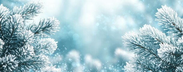 Frost-covered evergreen branches showcasing serene winter beauty with falling snowflakes in a soft blue background, creating a tranquil and festive atmosphere