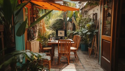 Fototapeta premium Tranquil Patio Dining Area With Lush Greenery
