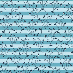 Seamless pattern of twigs with leaves on a striped background. Vector illustration.