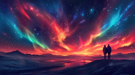 Fototapeta premium flat design, illustration, The Unforgettable Northern Lights: A couple travels to witness the Aurora Borealis