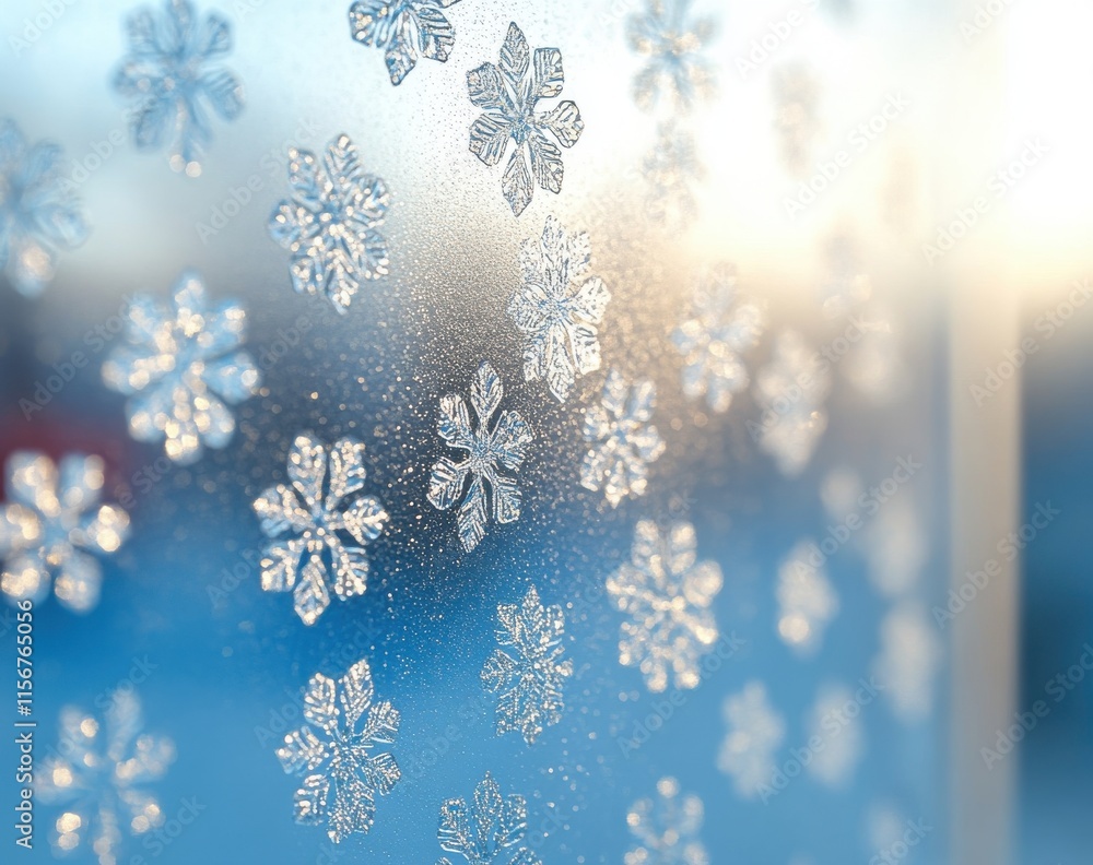 Poster frosted window adorned with intricate snowflake patterns, capturing the essence of winter beauty and