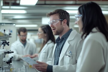 Fototapeta premium Scientists collaborating in a modern laboratory with research equipment