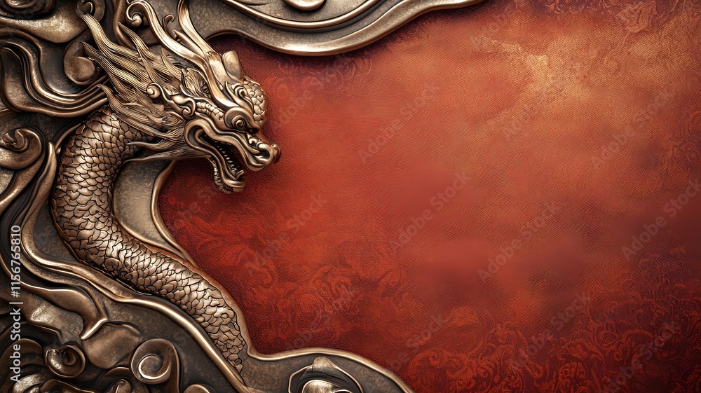 Poster luxurious chinese new year invitation theme featuring embossed gold patterns on a red silk texture b