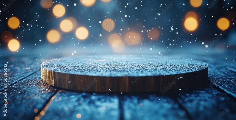 Poster frosty wooden platform on a dark background with soft glowing bokeh lights and falling snowflakes cr