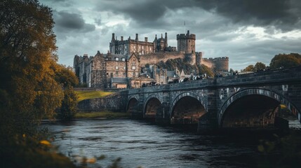 Obraz premium A majestic castle rises over a serene river. The clouds add a dramatic touch to the landscape. This scene evokes mystery and history. Generative AI
