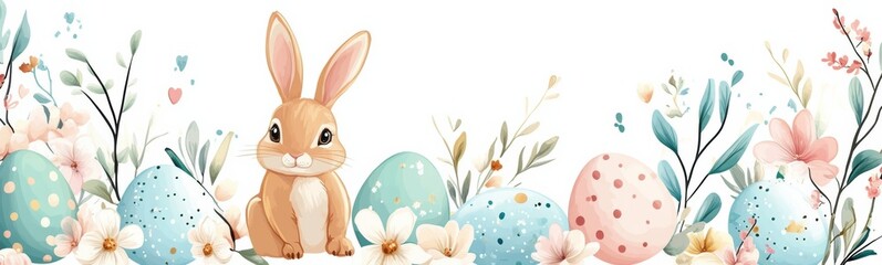 Obraz premium In a festive Easter scene, a playful rabbit is surrounded by colorful eggs and blooming flowers, symbolizing happiness and renewal, spreading joy and cheer that encapsulates the seasons spirit