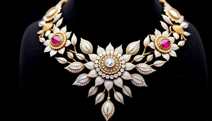 A necklace with a flower design and red beads