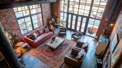 A stylish industrial loft featuring exposed brick walls, large windows, and contemporary furnishings, set in an urban environment that exudes modern charm and creativity.