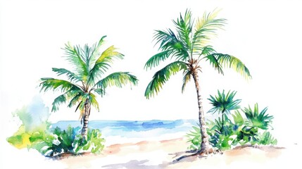 A serene watercolor painting of palm trees by the ocean, capturing the essence of tropical paradise and tranquil beach vibes.
