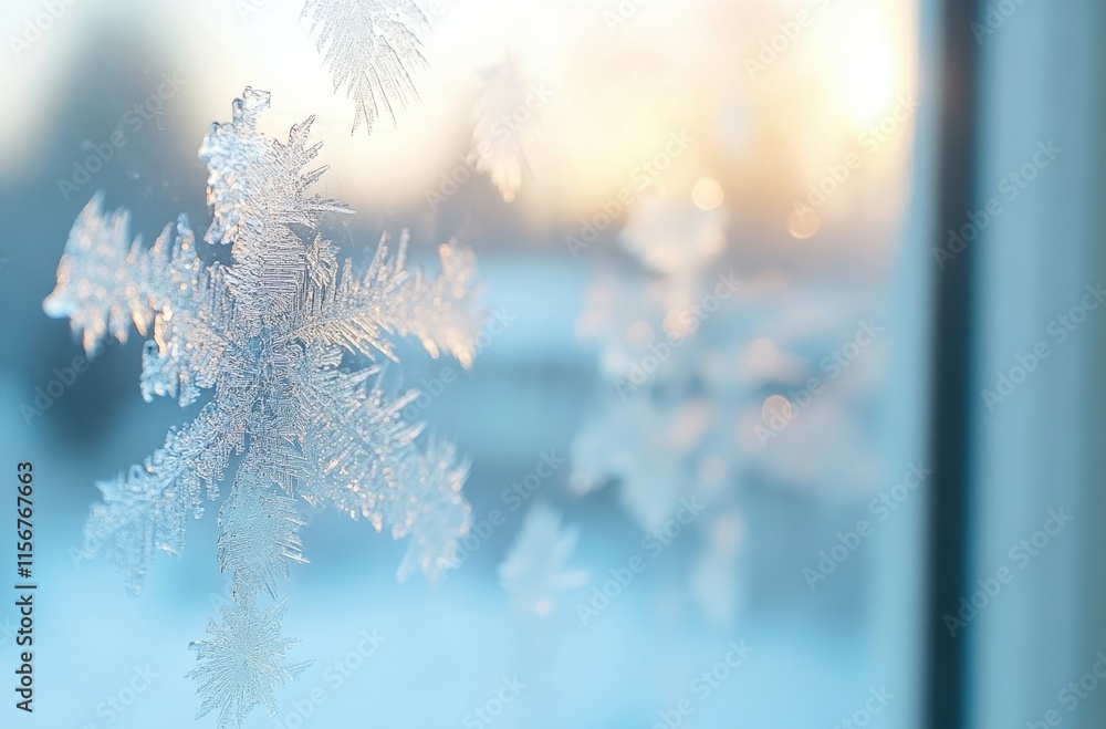 Poster intricate snowflakes on a frosted window with a gentle glow of sunlight in the background creating a
