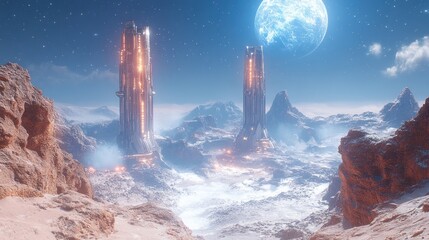 Futuristic towers on a desolate landscape under a glowing moon.