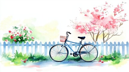Fototapeta premium A vibrant watercolor illustration of a blue bicycle beside a white picket fence and blooming pink trees, evoking springtime joy.