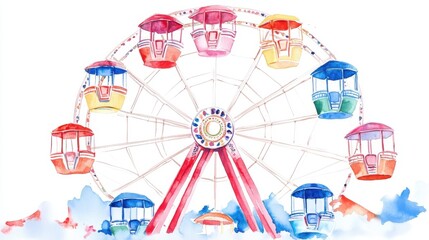 A vibrant watercolor illustration of a Ferris wheel with colorful carriages, embodying joy and carefree moments at a fair.