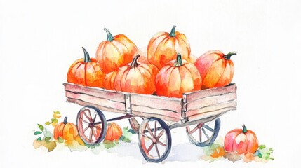 A vibrant watercolor illustration of a wooden cart filled with bright orange pumpkins, perfect for autumn and harvest themes.