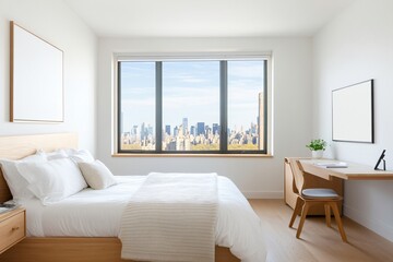 A bright, modern bedroom featuring a large window with a city skyline view, minimalist decor, and a cozy ambiance.