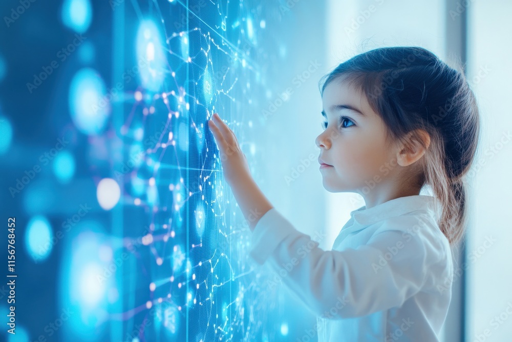 Aufkleber young girl interacting with digital technology interface, exploring data connections and futuristic 