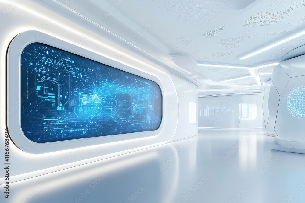 Poster futuristic high-tech interior of a sci-fi spacecraft featuring interactive digital displays and slee