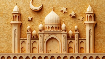 3D image of a mosque with a crescent moon hanging above it. The mosque is brightly colored with beauty.
There are many stars hanging from the ceiling, all lit up and background is bright and beautiful