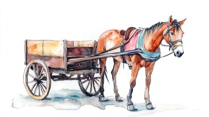 A watercolor illustration of a horse standing next to a cart, showcasing its beauty and strength in a serene environment.
