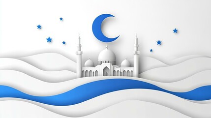 3D image of a mosque with a crescent moon hanging above it. The mosque is brightly colored with beauty.
There are many stars hanging from the ceiling, all lit up and background is bright and beautiful
