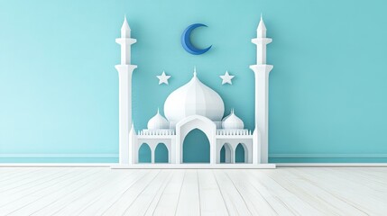 3D image of a mosque with a crescent moon hanging above it. The mosque is brightly colored with beauty.
There are many stars hanging from the ceiling, all lit up and background is bright and beautiful