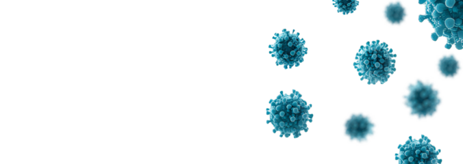 Covid, blue respiratory virus molecule, on white background, in the air. Png clipart banner 3d seasonal flu, rotavirus, pandemic and epidemic formation, advertising and news