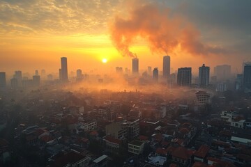 Fototapeta premium Air pollution in crowded city full of fog and smoke