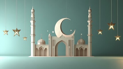 3D image of a mosque with a crescent moon hanging above it.
The mosque is brightly colored with beauty.
There are many stars hanging from the ceiling, all lit up and background is bright and beautiful