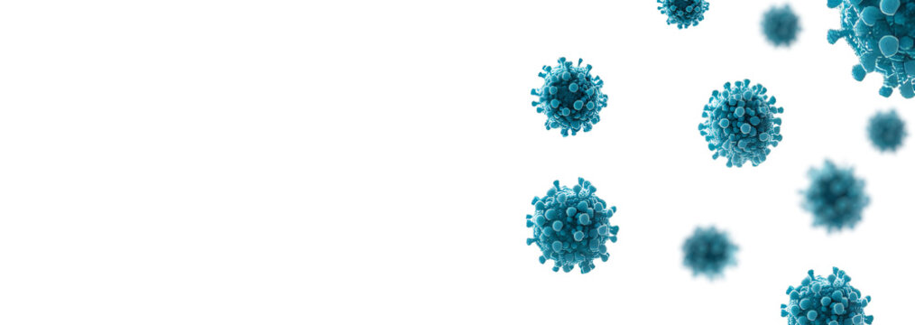 Covid, blue respiratory virus molecule, on white background, in the air. Png clipart banner 3d seasonal flu, rotavirus, pandemic and epidemic formation, advertising and news