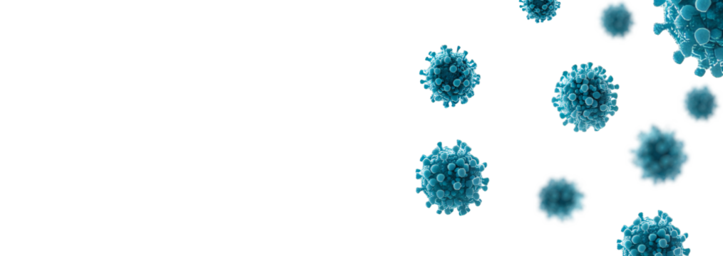 Covid, blue respiratory virus molecule, on white background, in the air. Png clipart banner 3d seasonal flu, rotavirus, pandemic and epidemic formation, advertising and news