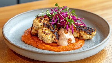 Food trends vegan concept. A vibrant dish featuring grilled cauliflower atop a rich red sauce, garnished with purple cabbage and sprouts, served on a round plate.