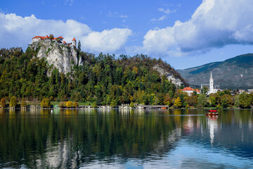 A view of St. Martin's Church and Bled Castle.